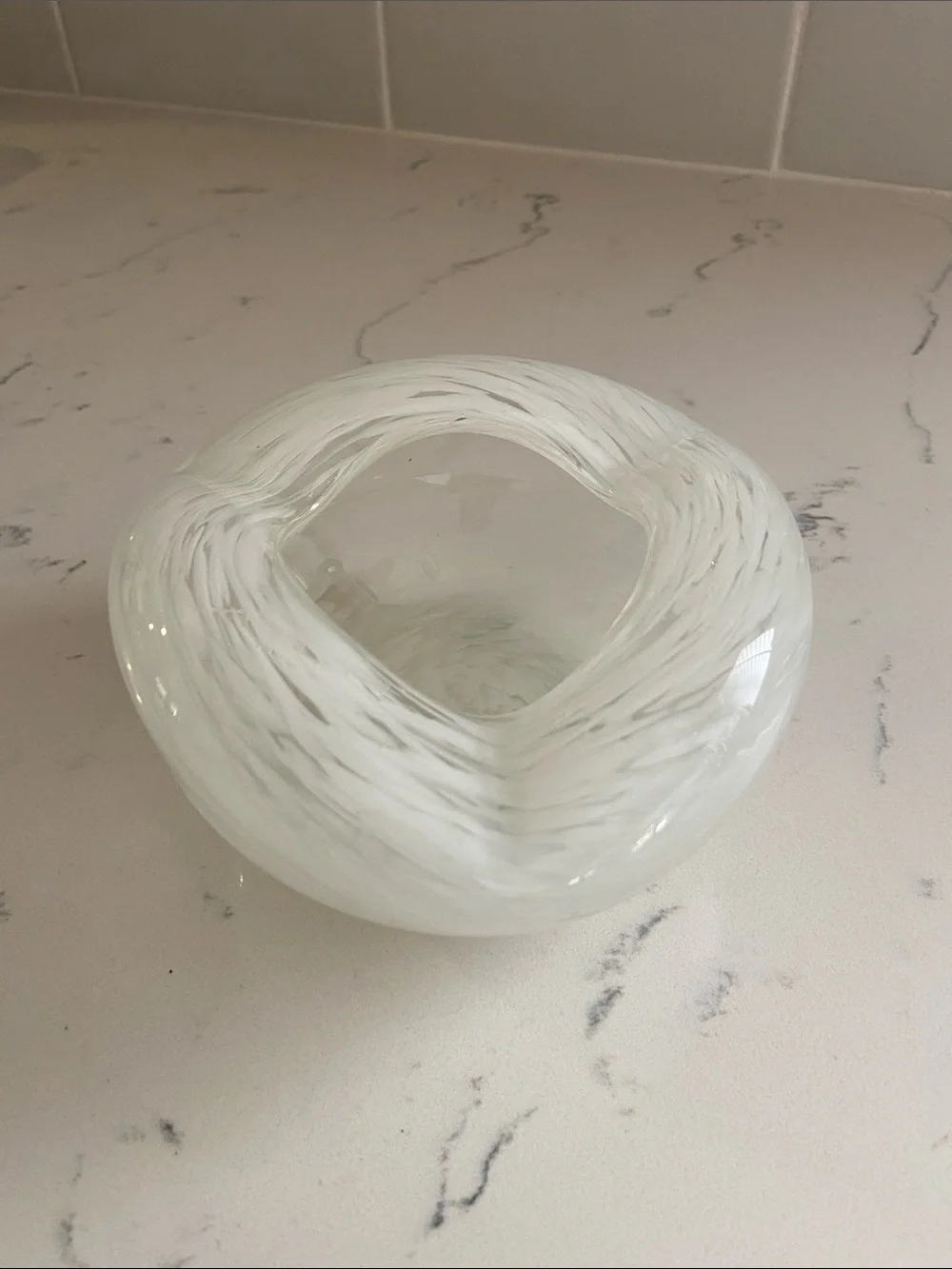 Vintage Hand Blown White Swirl Art Glass Ashtray